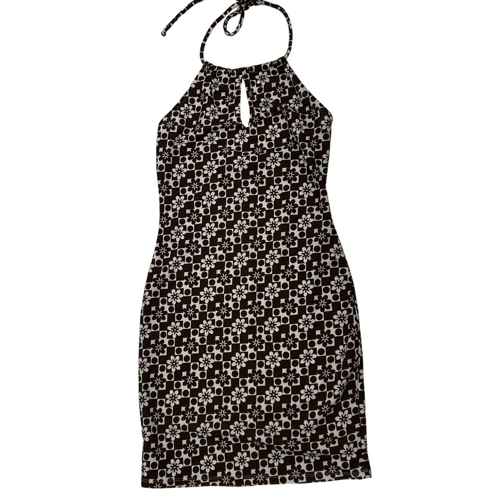 Rue21 Brown White Floral Checker Print Halter Mini Dress Bodycon Y2K Retro S
